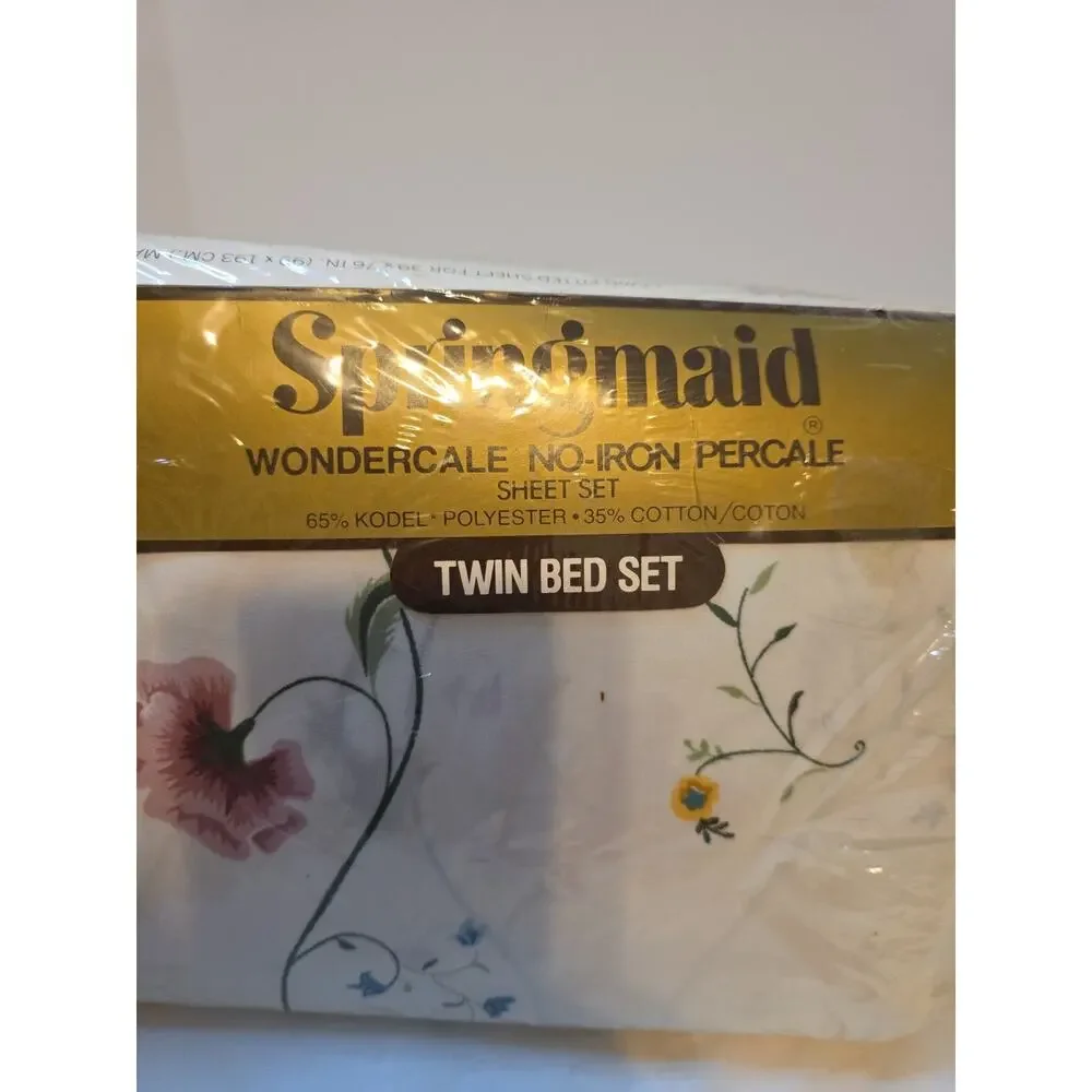 Vtg Springmaid Swiss Manor Twin Sheet Set Flowers Floral White Percale